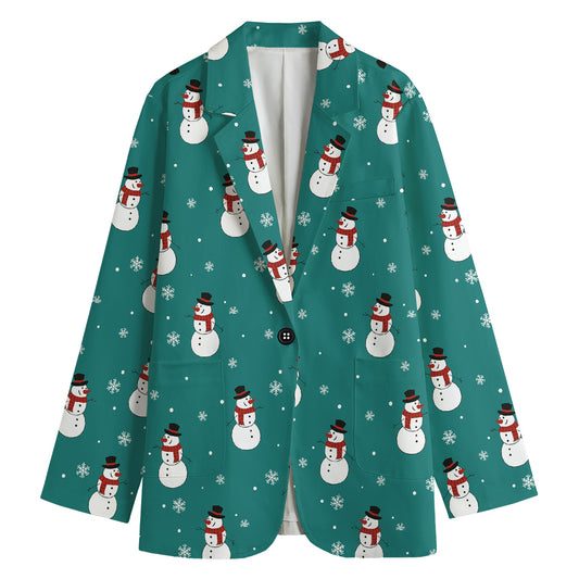 Teal Snowman Pattern Print Women's Blazer