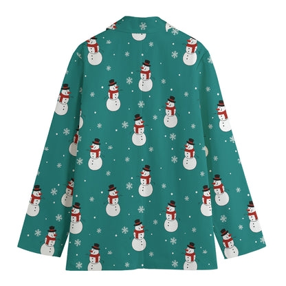 Teal Snowman Pattern Print Women's Blazer