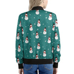 Teal Snowman Pattern Print Women's Bomber Jacket