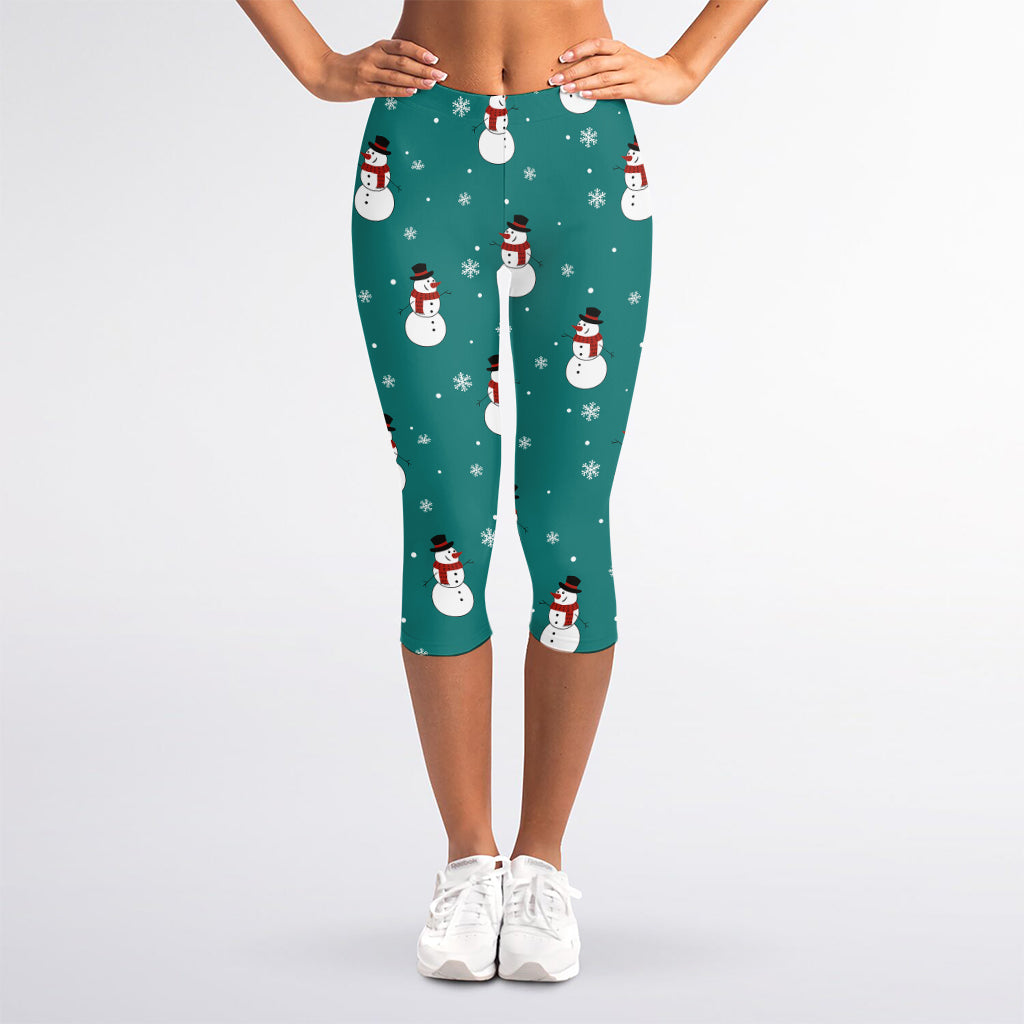 Teal Snowman Pattern Print Women's Capri Leggings