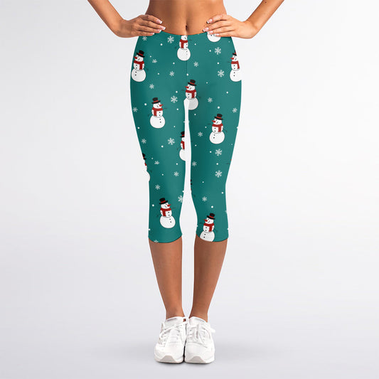 Teal Snowman Pattern Print Women's Capri Leggings