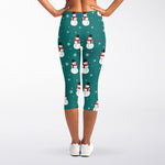 Teal Snowman Pattern Print Women's Capri Leggings