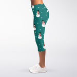 Teal Snowman Pattern Print Women's Capri Leggings