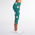 Teal Snowman Pattern Print Women's Capri Leggings