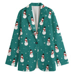 Teal Snowman Pattern Print Women's Cotton Blazer