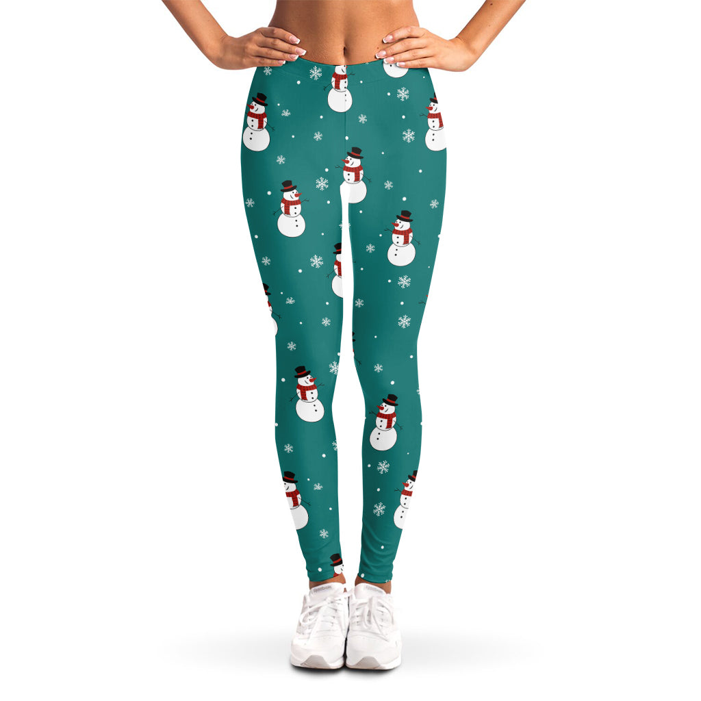 Teal Snowman Pattern Print Women's Leggings