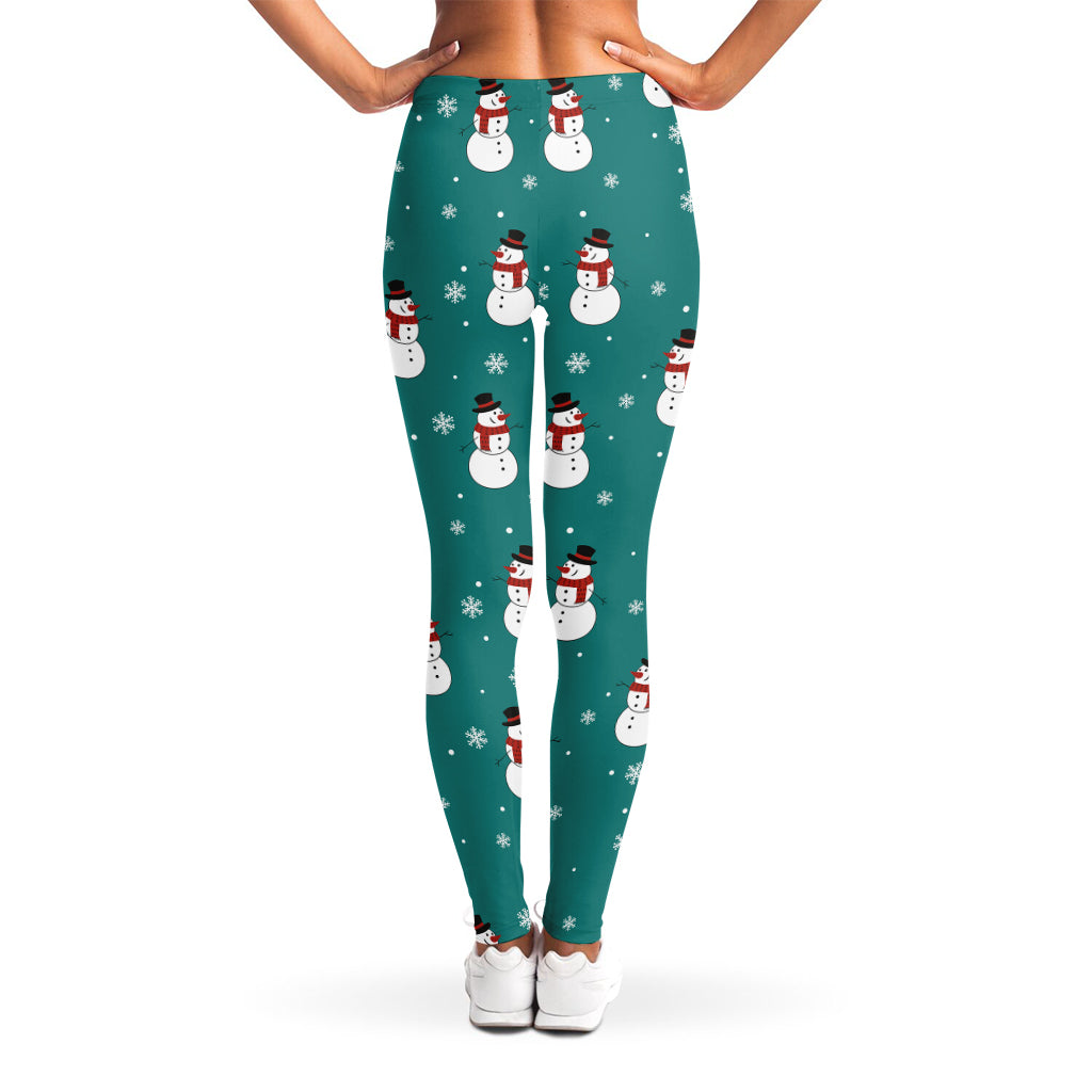 Teal Snowman Pattern Print Women's Leggings
