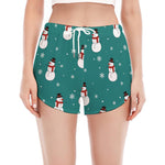 Teal Snowman Pattern Print Women's Split Running Shorts
