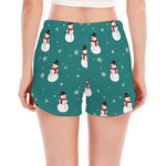 Teal Snowman Pattern Print Women's Split Running Shorts