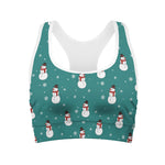 Teal Snowman Pattern Print Women's Sports Bra