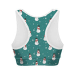 Teal Snowman Pattern Print Women's Sports Bra