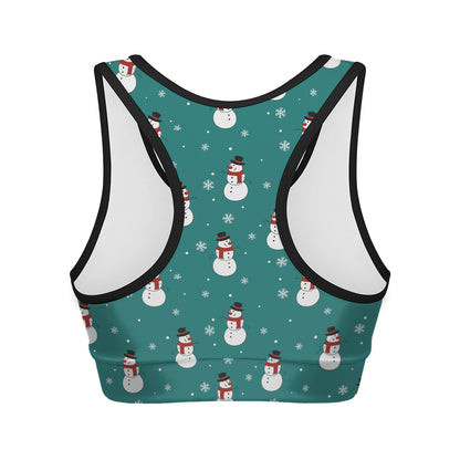 Teal Snowman Pattern Print Women's Sports Bra