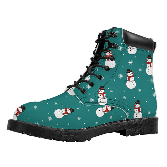 Teal Snowman Pattern Print Work Boots