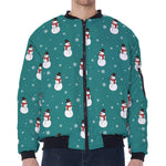 Teal Snowman Pattern Print Zip Sleeve Bomber Jacket