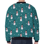 Teal Snowman Pattern Print Zip Sleeve Bomber Jacket