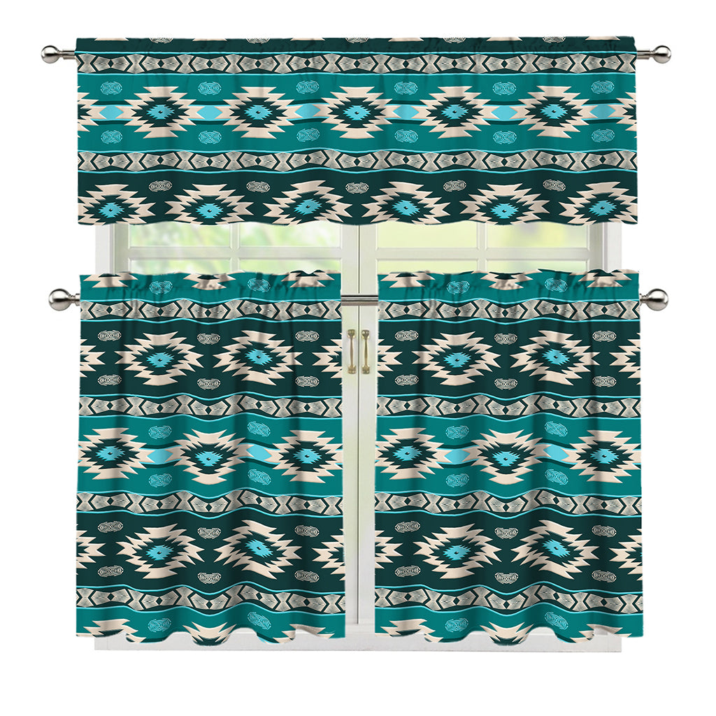 Teal Southwestern Navajo Pattern Print 3 Piece Kitchen Curtains