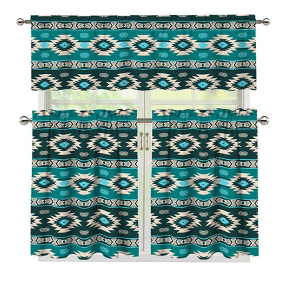 Teal Southwestern Navajo Pattern Print 3 Piece Kitchen Curtains
