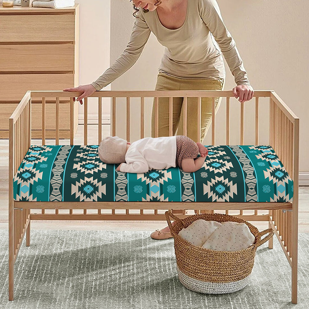 Teal Southwestern Navajo Pattern Print Baby Crib Sheet
