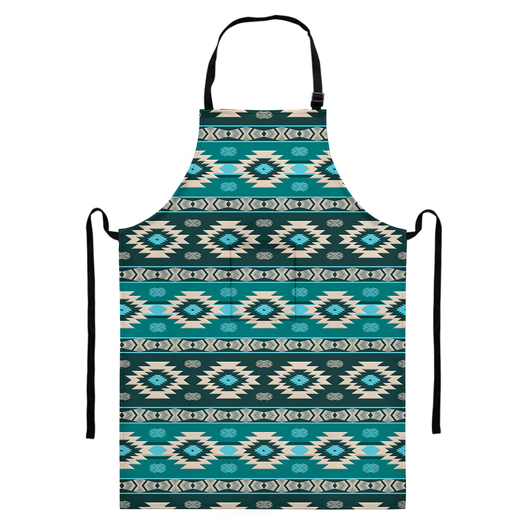 Teal Southwestern Navajo Pattern Print Bib Apron With Pocket