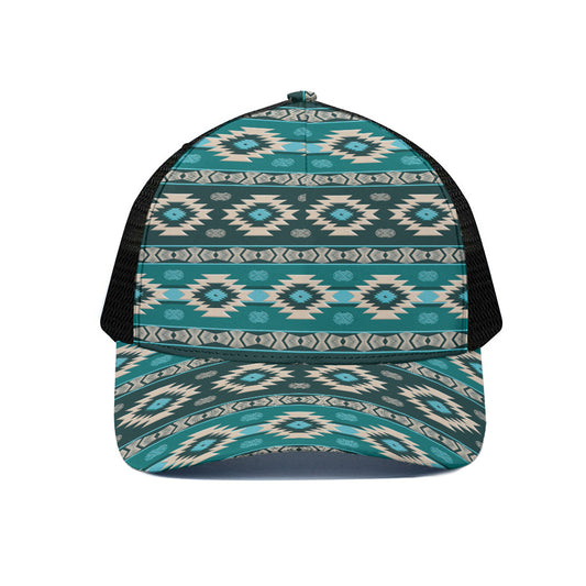Teal Southwestern Navajo Pattern Print Black Mesh Trucker Cap