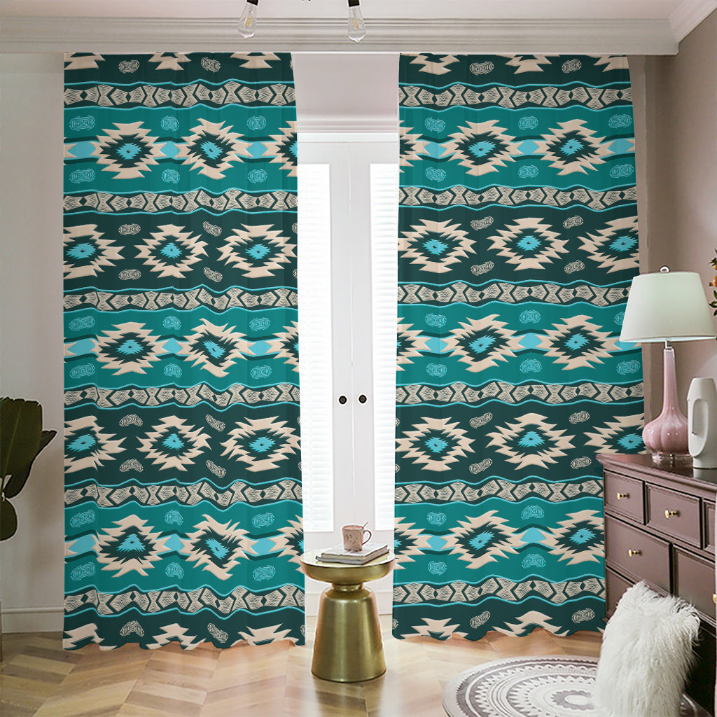 Teal Southwestern Navajo Pattern Print Blackout Pencil Pleat Curtains