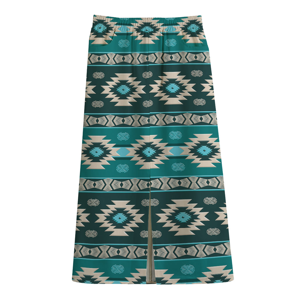 Teal Southwestern Navajo Pattern Print Cotton Front Slit Maxi Skirt