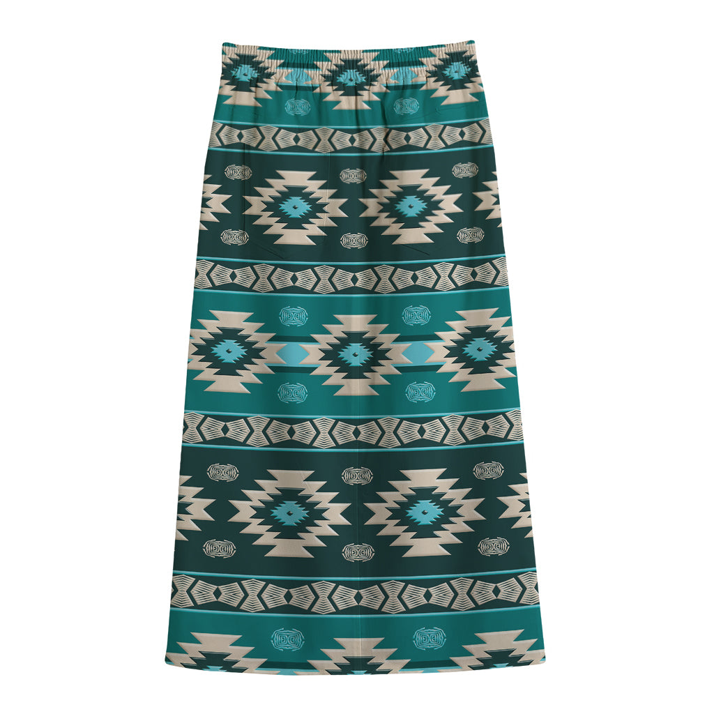 Teal Southwestern Navajo Pattern Print Cotton Front Slit Maxi Skirt