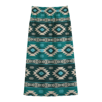 Teal Southwestern Navajo Pattern Print Cotton Front Slit Maxi Skirt