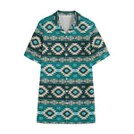 Teal Southwestern Navajo Pattern Print Cotton Hawaiian Shirt