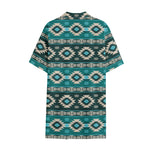 Teal Southwestern Navajo Pattern Print Cotton Hawaiian Shirt