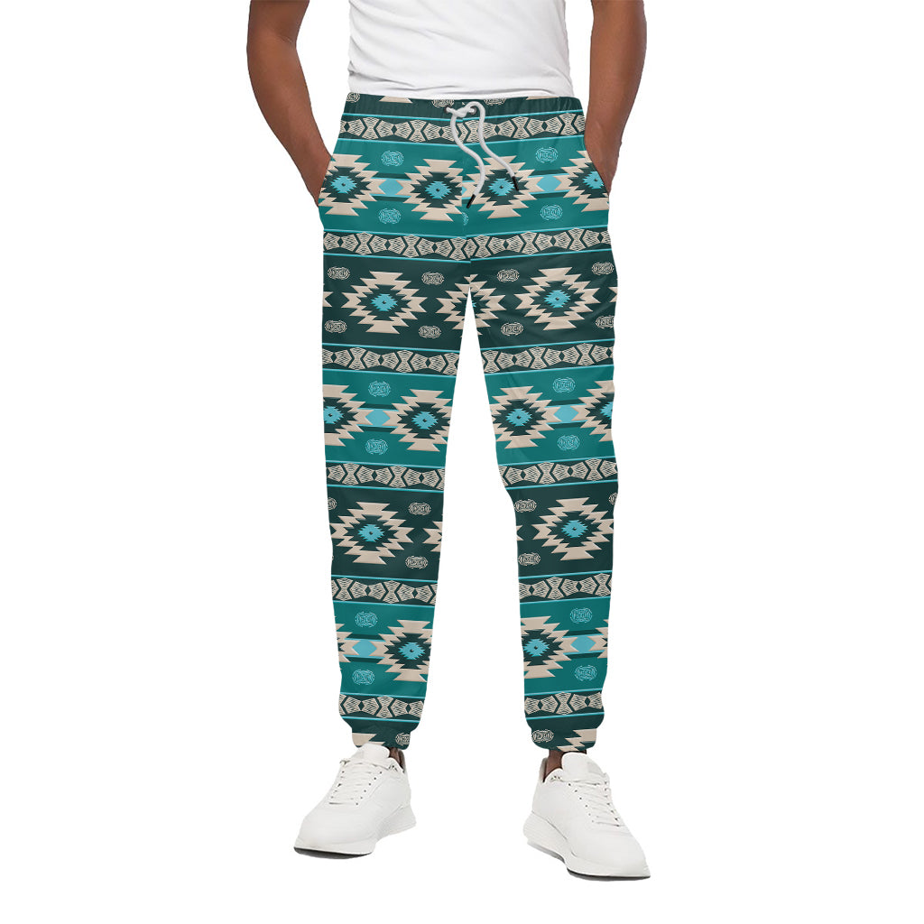 Teal Southwestern Navajo Pattern Print Cotton Pants