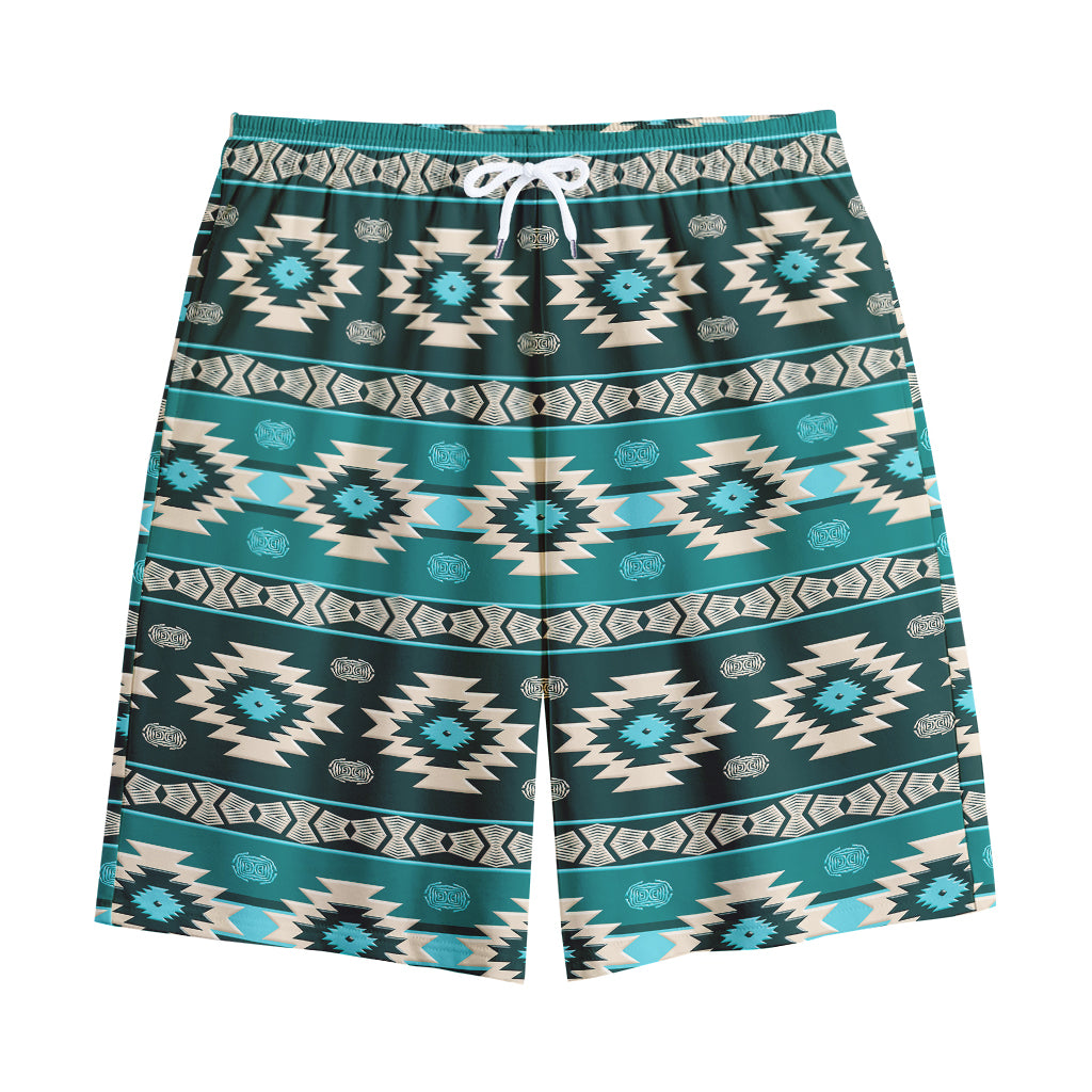 Teal Southwestern Navajo Pattern Print Cotton Shorts
