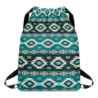 Teal Southwestern Navajo Pattern Print Drawstring Backpack