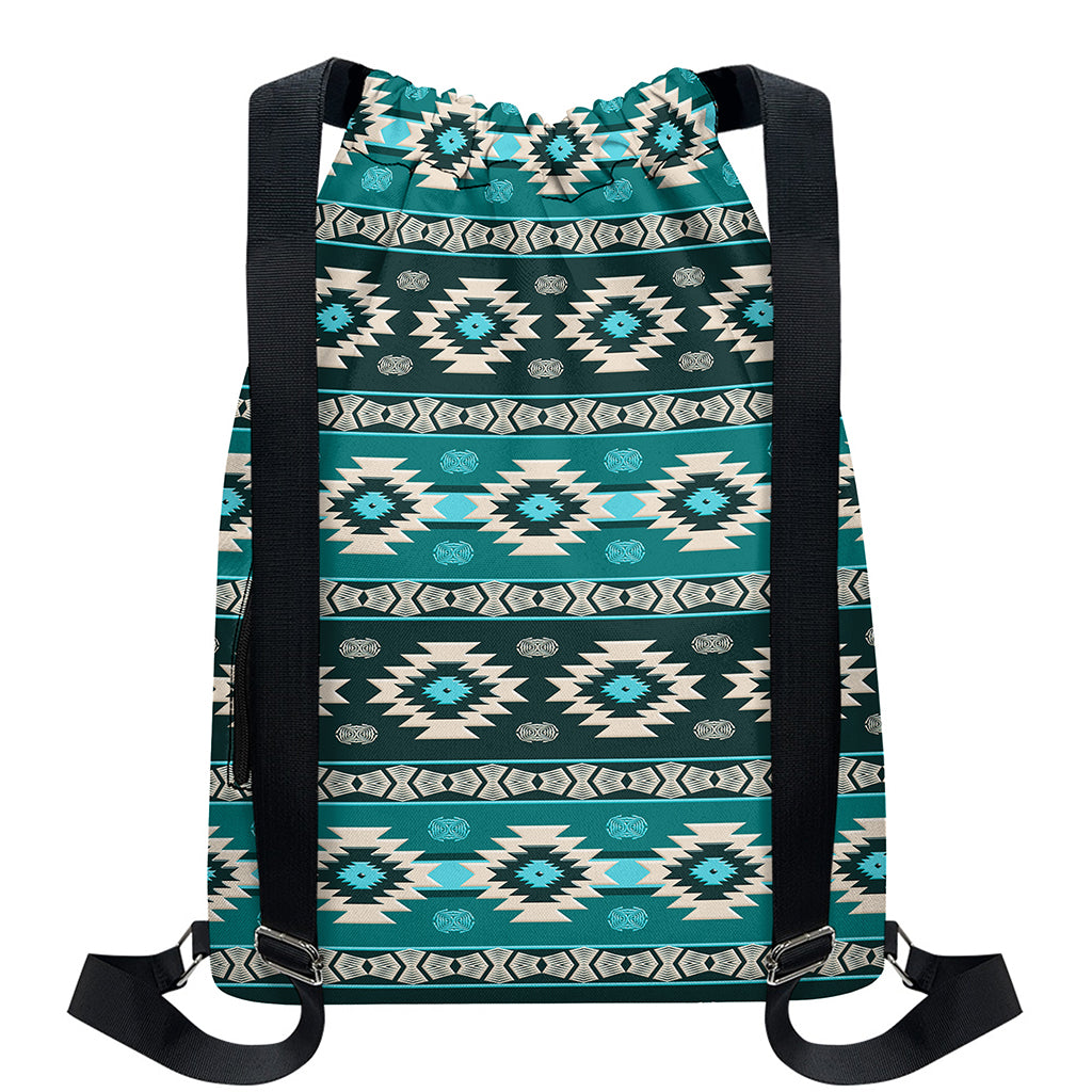 Teal Southwestern Navajo Pattern Print Drawstring Backpack