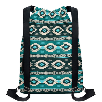 Teal Southwestern Navajo Pattern Print Drawstring Backpack