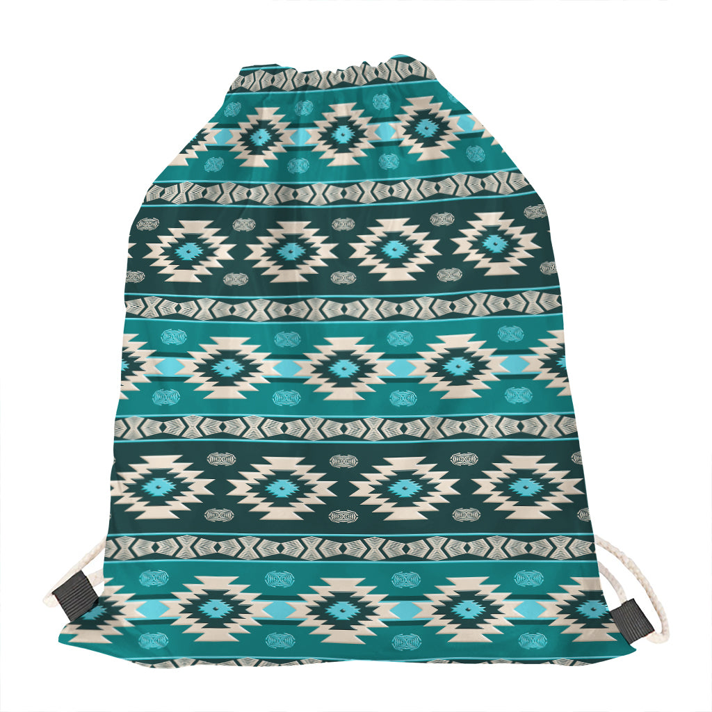 Teal Southwestern Navajo Pattern Print Drawstring Bag