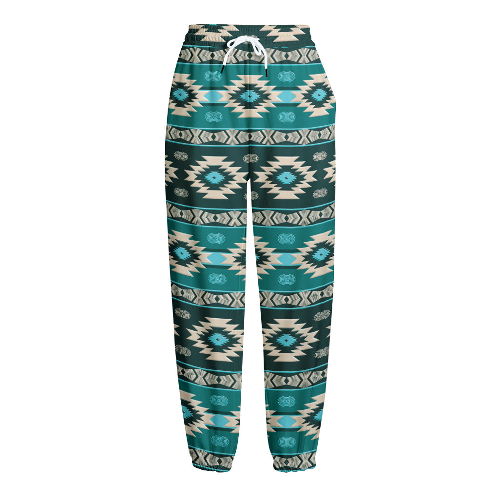 Teal Southwestern Navajo Pattern Print Fleece Lined Knit Pants