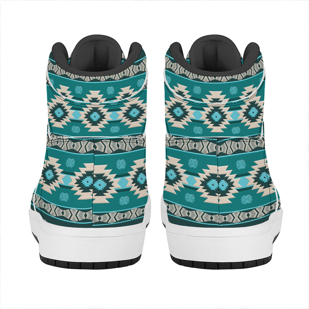 Teal Southwestern Navajo Pattern Print High Top Leather Sneakers