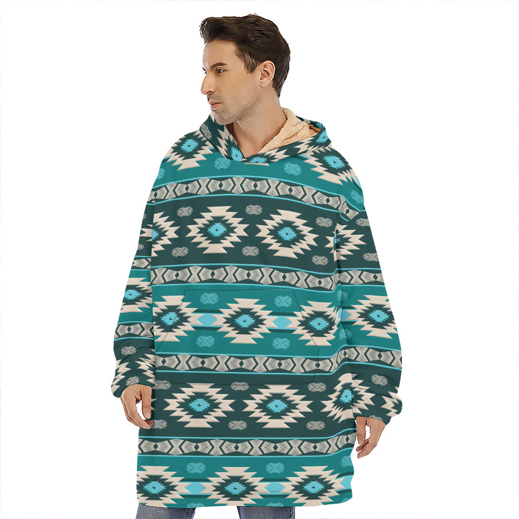 Teal Southwestern Navajo Pattern Print Hoodie Blanket