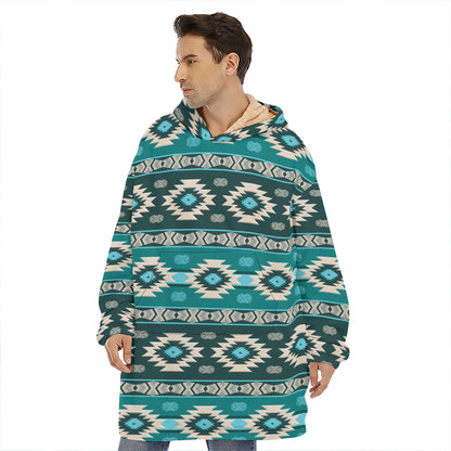 Teal Southwestern Navajo Pattern Print Hoodie Blanket