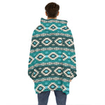 Teal Southwestern Navajo Pattern Print Hoodie Blanket