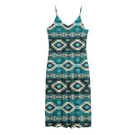 Teal Southwestern Navajo Pattern Print Jersey Midi Cami Dress