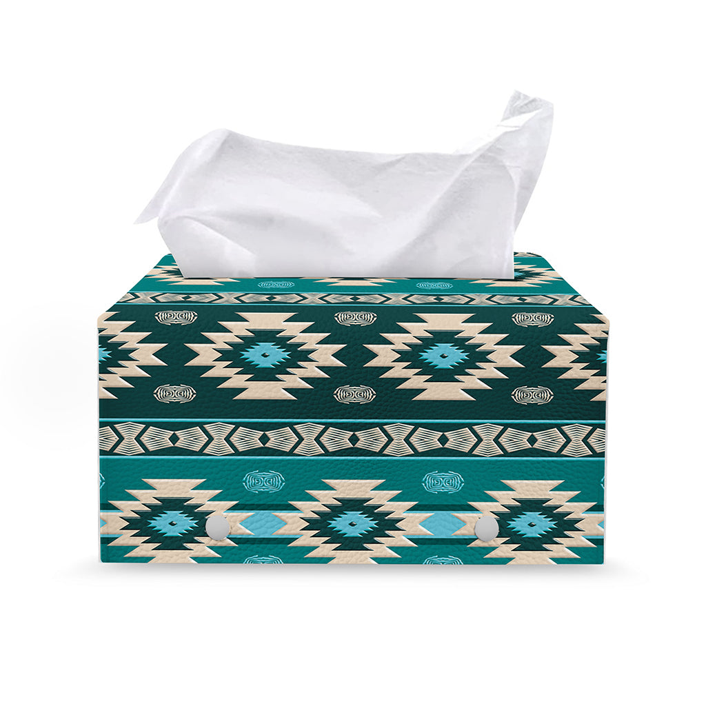 Teal Southwestern Navajo Pattern Print Leather Tissue Box Cover