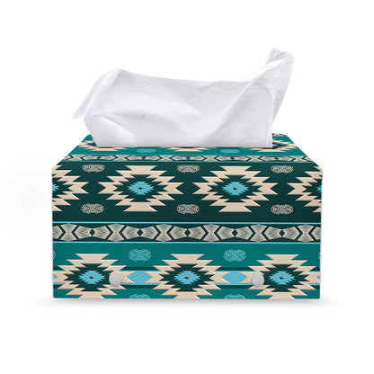 Teal Southwestern Navajo Pattern Print Leather Tissue Box Cover