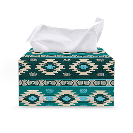 Teal Southwestern Navajo Pattern Print Leather Tissue Box Cover