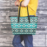 Teal Southwestern Navajo Pattern Print Leather Tote Bag