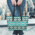 Teal Southwestern Navajo Pattern Print Leather Tote Bag