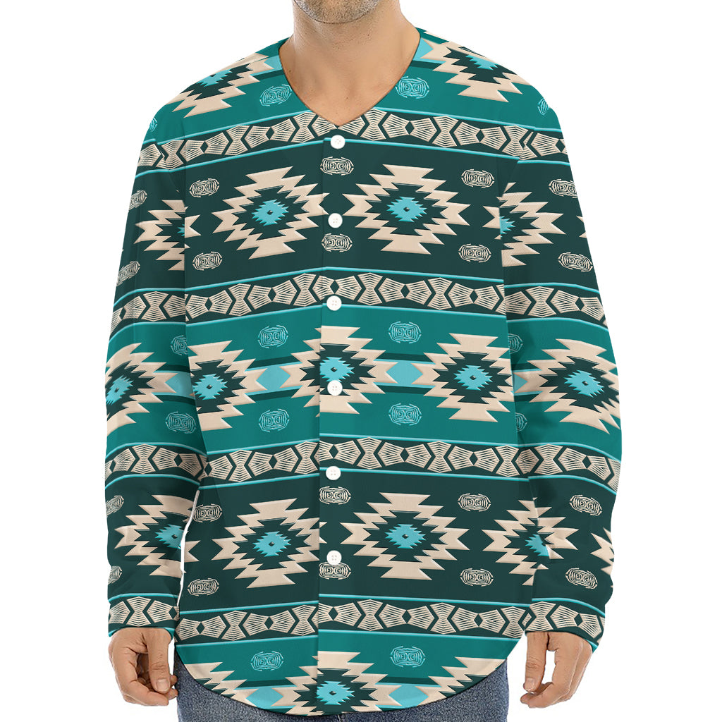 Teal Southwestern Navajo Pattern Print Long Sleeve Baseball Jersey