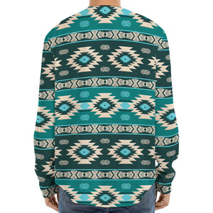 Teal Southwestern Navajo Pattern Print Long Sleeve Baseball Jersey