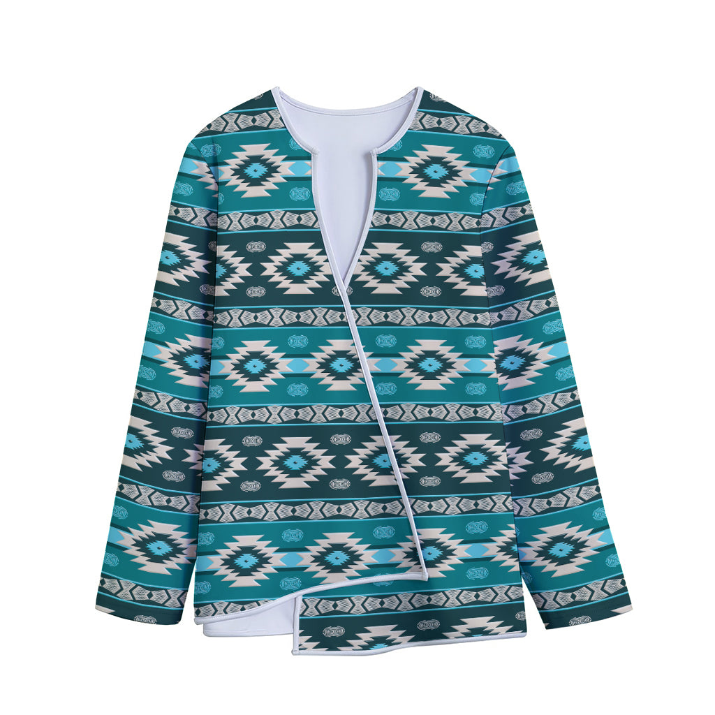 Teal Southwestern Navajo Pattern Print Long Sleeve Short Coat